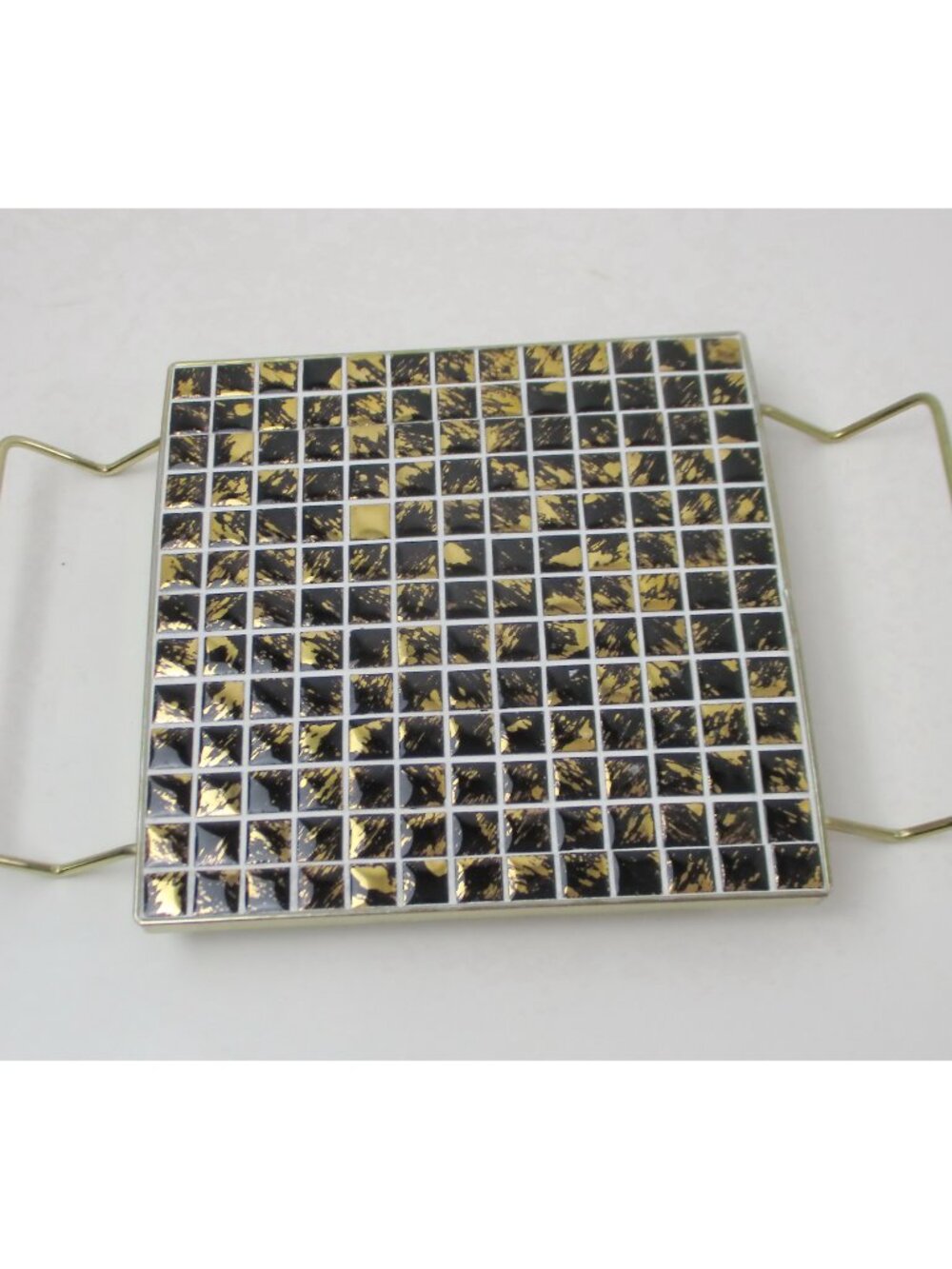 Vtg Black n Gold Trivet Ceramic Tiles, Goldtone Metal Legs Retro Mid-Century